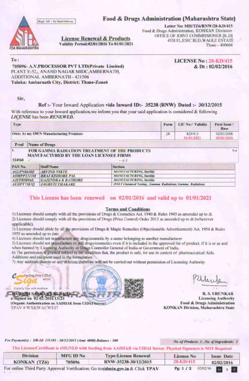 A V Processors Pvt. Ltd. Regulatory Licenses